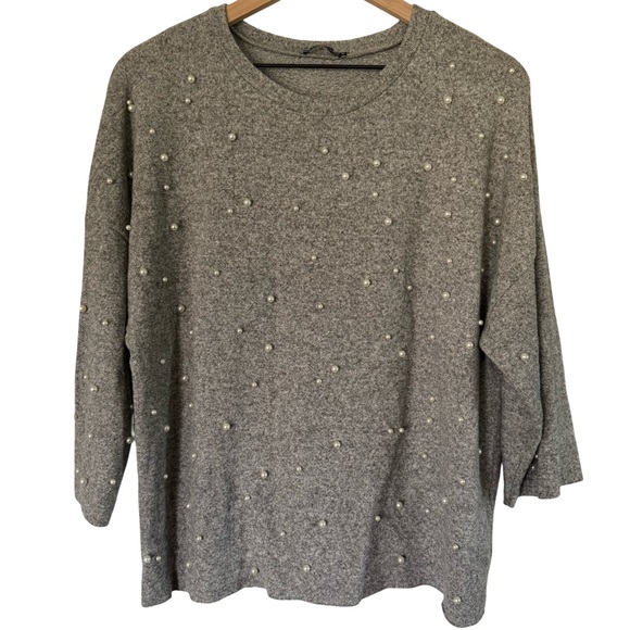 Zara Tops - ZARA Gray Pearl Embellished Knit Sweater | Soft Cozy Pullover